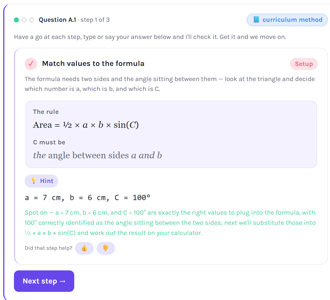 Step 1 of 3, matching the values to the area formula
